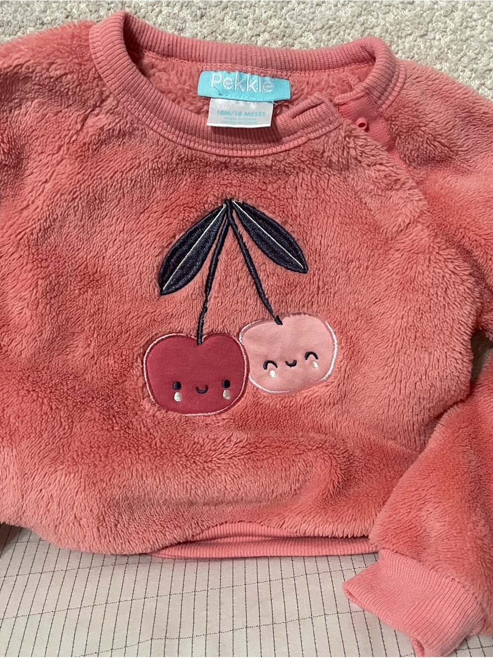 Pekkle Coral Plush Kids Sweatshirt with Cherry Appliqué